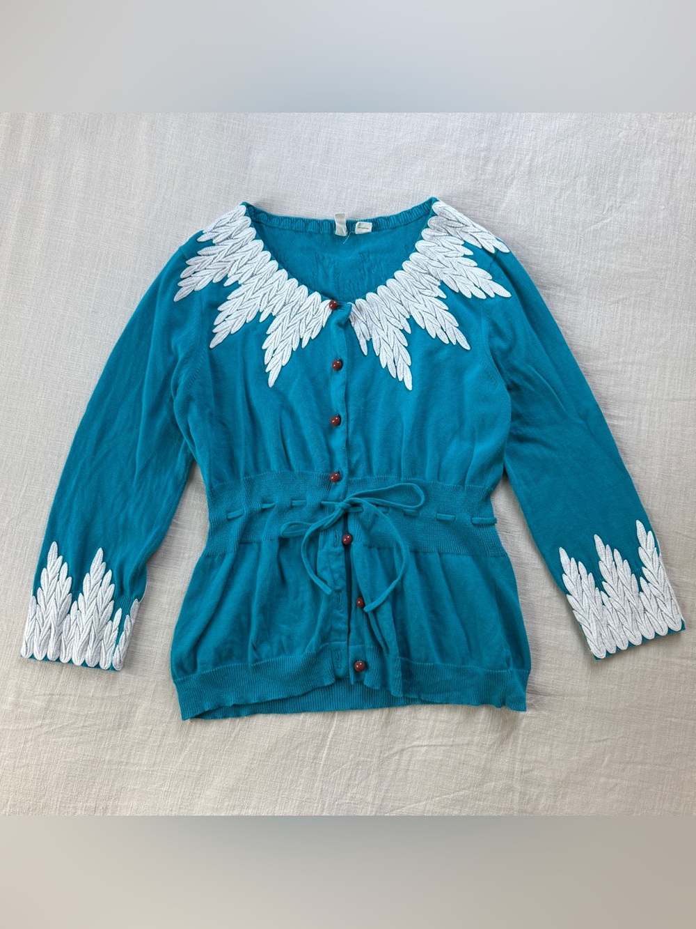 Moth Anthropologie Wisteria Teal Lace Appliqué Cardigan Cotton L Fits Like S/M